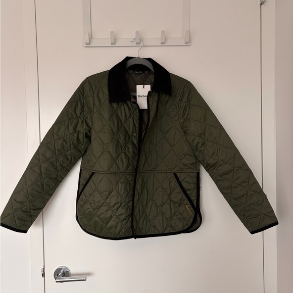 Barbour Khaki Green Quilted Jacket with Corduroy Collar (NWT) - Picture 2 of 13